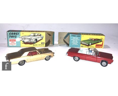Two Corgi Toys diecast models, 246 Chrysler Imperial in red with light blue interior and driver figure, chrome front &amp; re