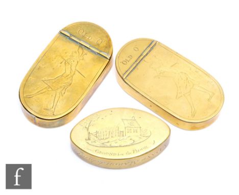 An early 19th Century engraved oval brass snuff box ‘May poverty be always a day’s march behind us’, the reverse titled 'Grou