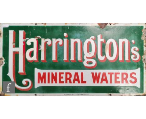 An early to mid 20th Century rectangular enamel advertising sign for Harrington's Mineral Waters in green with red and white 