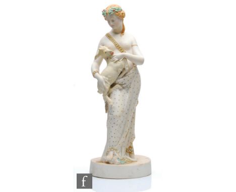 A large 19th Century W.H Goss Parian figure of a scantily clad female holding a kid goat with her foot on a branch, faint twi