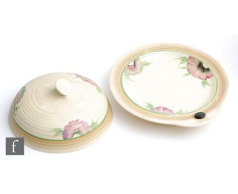 A Clarice Cliff Lynton shape muffiner dish and cover circa 1936, hand painted in the Sundew pattern with stylised flower head