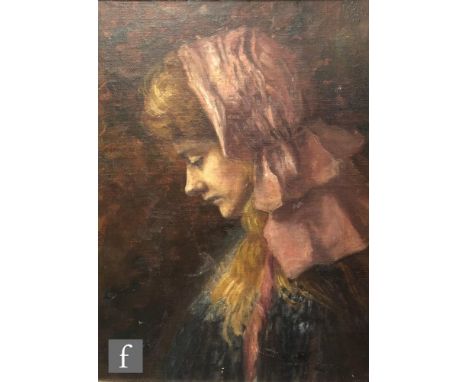 ENGLISH SCHOOL (EARLY 20TH CENTURY) - Portrait of a young woman wearing a pink bonnet, oil on canvas board, framed, 43cm x 31