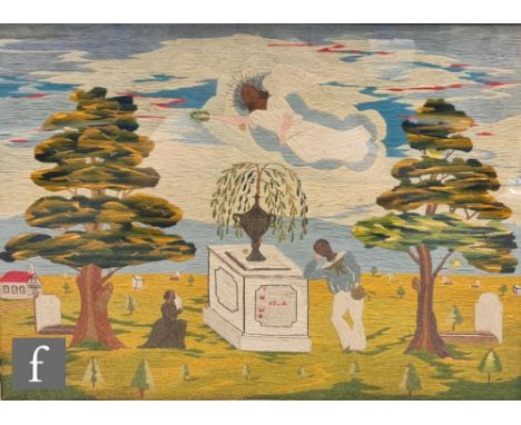 A 19th Century folk art woolwork memorial panel worked with a graveyard scene depicting a sailor stood leaning against a pill