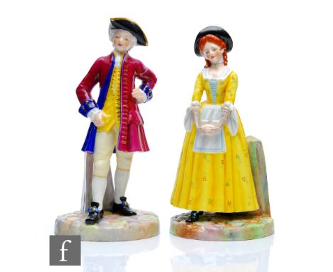 A pair of Royal Worcester figures titled Georgian Lady and Georgian Gentleman, both modelled by James Hadley, she in yellow, 