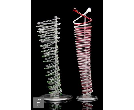 A 19th Century 'Jacobs Ladder' glass frigger with interwoven red and white canes of tapered rectangular form, mounted to a cl