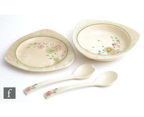 A Clarice Cliff Trieste shape salad drainer, under plate and servers circa 1936, hand painted in the Corolla green pattern wi