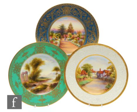 Three Royal Worcester cabinet plates each decorated with a hand painted view to the centre, the first titled Tewkesbury&nbsp;