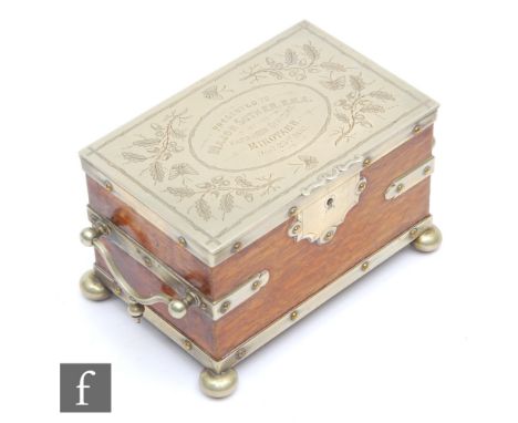 A late 19th Century oak presentation tea caddy, the lid inscribed ‘Presented to Major Sutherland, R.M.A by the wardroom offic