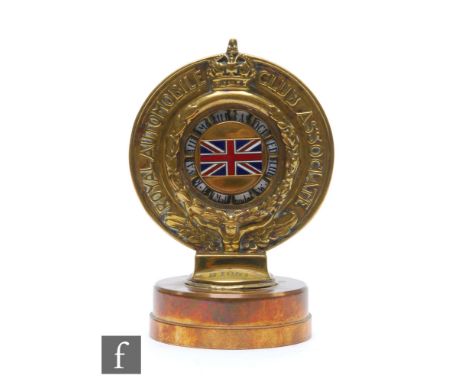 A Royal Automobile Club Association brass car mascot No B1051, enamelled Union Jack to the front and 1914 to the reverse, B K
