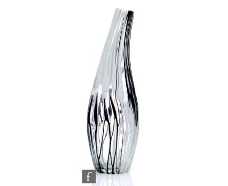 A contemporary art glass vase of tapered ovoid form, decorated with applied black and white pulled threads over the clear cry