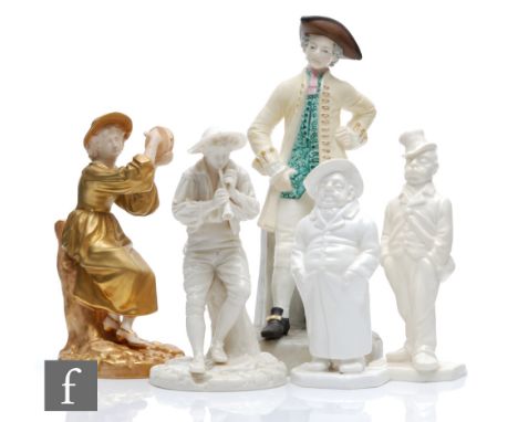 A Royal Worcester figure modelled as a lady playing a tambourine, shape 1803, decorated in tones of gold, black printed mark 