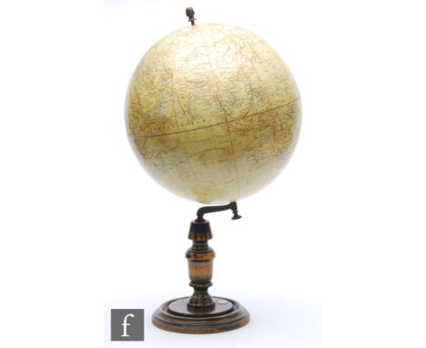 A 19th Century Terrestrial Globe by J Lebeque &amp; Co of segmented form on a turned ebonised beech stand incorporating a the