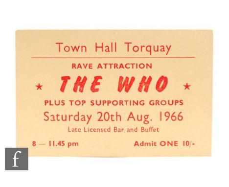 A 1966 The Who concert ticket, from the Town Hall Torquay, 20th August, 1966, 9cm x 6cm.  Provenance - From The Lionel Digby 