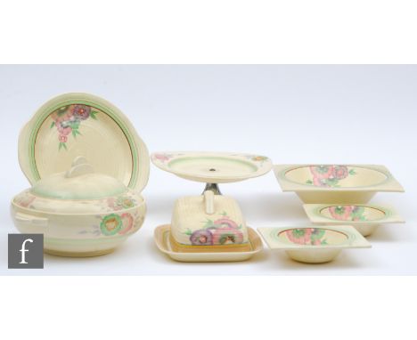 A Clarice Cliff Windsor shape tureen, circa 1930s, hand painted in the green Sundew pattern with stylised flower heads in gre