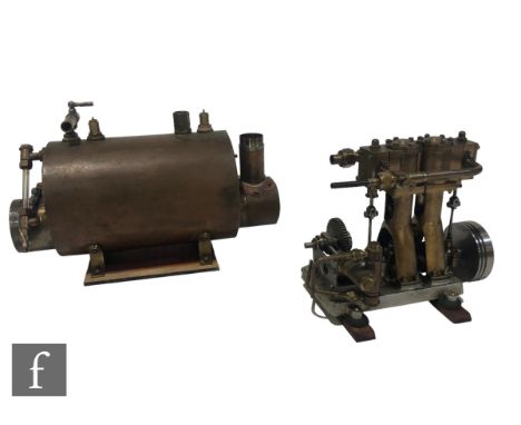 A 20th Century scale model of a twin vertical piston stationary steam engine, width 18cm, and an unfinished copper boiler, on