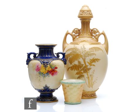 Three pieces of Royal Worcester comprising a large shape 1200 vase and cover in blush ivory with gilt ferns and moulded panel