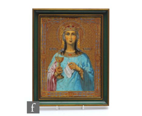 A later 20th Century framed Heinrich Porzellan Villeroy and Boch Icon, the rectangular plaque decorated with a portrait of Sa