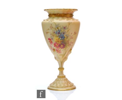 A Royal Worcester blush ivory shape 2314 vase of conical form decorated with a spray of flowers with affixed birds claw pedes