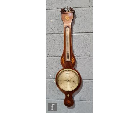 A George III inlaid mahogany wheel barometer by Cetti &amp; Co London incorporating a thermometer, height 98cm. 