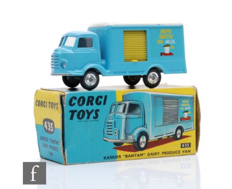 A Corgi 435 Karrier Bantam Dairy Produce Van in blue and white with 'Drive Safely on Milk' livery, in blue and yellow picture