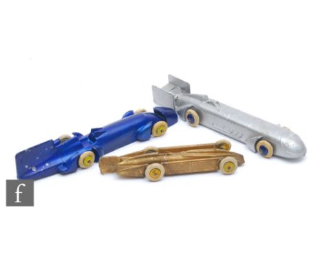 A collection of 1930s John Hill and Co landspeed record cars, comprising Bluebird II in metallic blue with yellow hubs, Golde