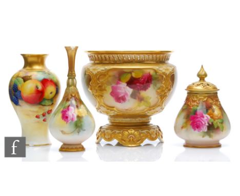 Four pieces of Royal Worcester comprising a Fallen Fruits shape 2471 baluster vase, panel decorated by Price, a shape H291 va