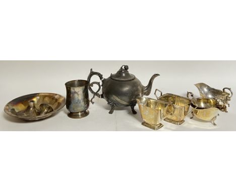 A mixed group of slver plate/EPNS comprising an Art Deco milk jug and sugar dish, three sauceboats, a mug/tankard,&nbsp; teap