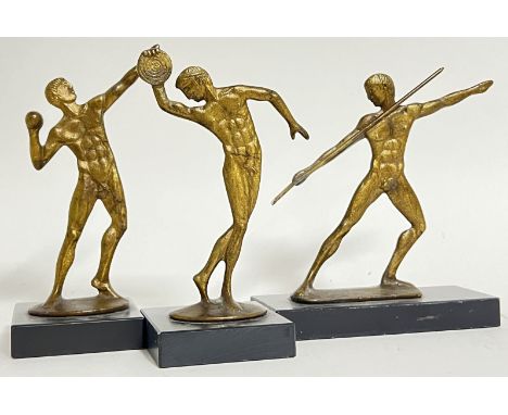Francesco Simoncini, three Italian sandcast Tuscan bronze figures of athletes in the classical Olympic style, each raised on 