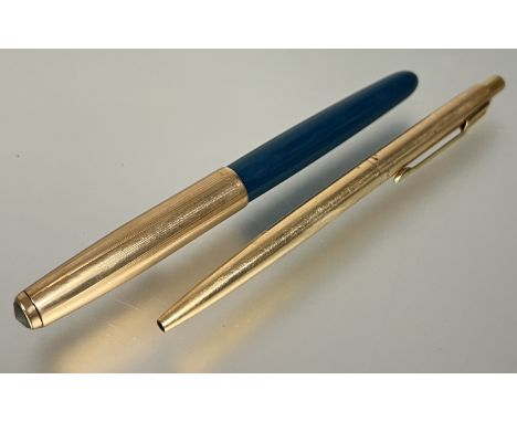 A rolled gold Parker ballpoint pen (75?), together with a green Parker (51?) with rolled gold cap