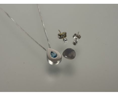 A 9ct white gold pendant set aquamarine on trace link chain necklace with ring fasteing L x 23cm 2.92g , a pair of 9ct white 