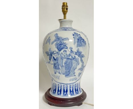 A large Chinese blue and white porcelain meiping form lamp, converted from a vase decorated with figural panel scenes and rai