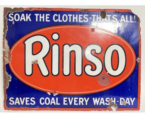 Vintage advertising, a rectangular enamel Rinso soap/detergent sign with raised font details (Unilever product, h- 46cm, w- 6