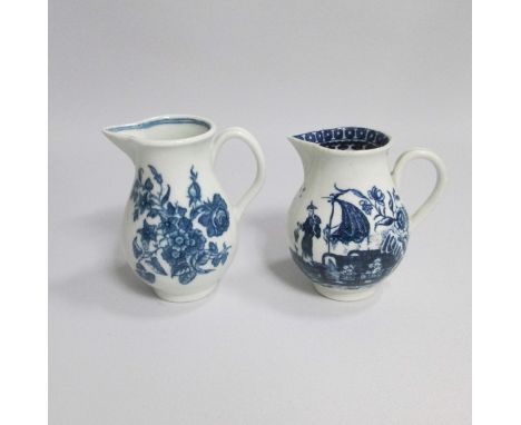 A Worcester Blue and White Sparrow Beak JugThree Flowers pattern along with a Caughley Sparrow Beak Jug  with The Fisherman p