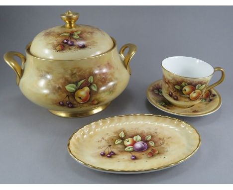 A group of Peter Gosling hand-painted fine bone china wares. To include: a tray, a large cup and saucer and lidded tureen, al