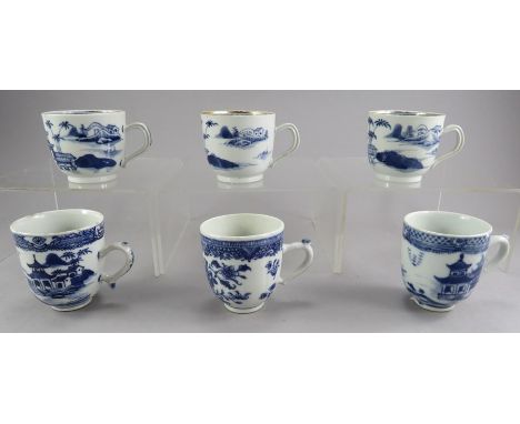 A group of six Chinese export hand-painted blue and white coffee cups, c. 1760. Each is decorated with various Chinese and fl