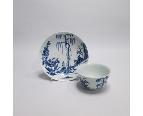 A Worcester Blue and White Tea Bowl and Saucer, painted with The Landslip patternDate circa 1758  workman’s  marksSize   Bowl