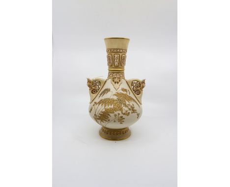 Royal Worcester blush ivory twin handled bulbous vase, puce back stamp, No 1279, reticulated neck, raised gold fern pattern p