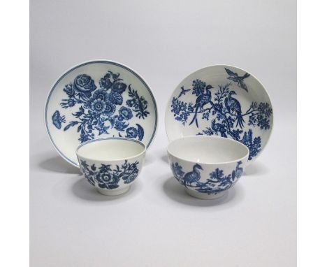 A Worcester Blue and White Tea Bowl and saucer, printed with Birds in branches pattern, along with another Worcester Tea Bowl