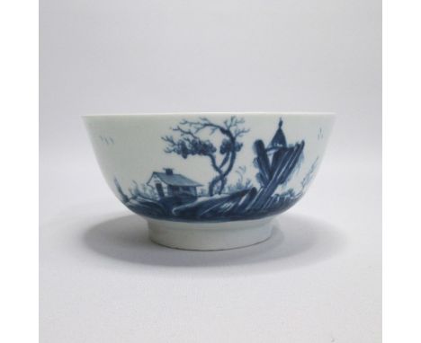 A Worcester Blue and White Bowl painted with The Gazebo pattern Date circa 1758  workman’s mark Size  12.5cm diam 7cm highCon