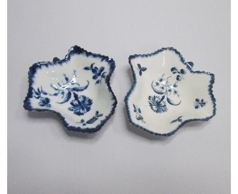 Two Worcester Blue and White  Leaf Shaped Pickle Dishes each painted with a variation of The Gilliflowers  pattern Date  circ