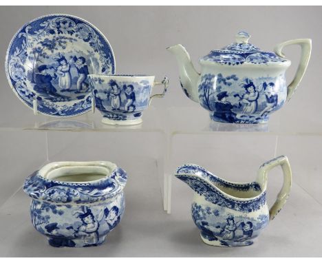 An early nineteenth century blue and white transfer-printed part child's tea service, c. 1820. It is decorated with the Child