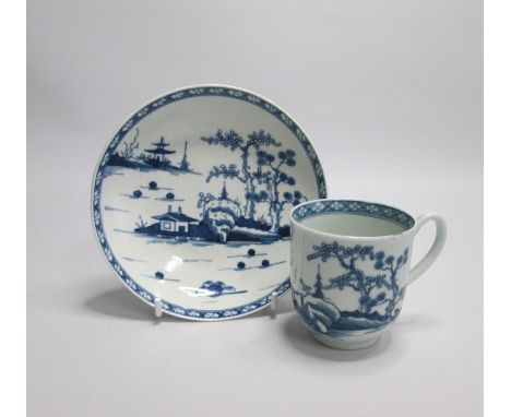 A Worcester Blue and White Coffee Cup and Saucer, painted with the Cannon ball pattern Date circa 1765-70Size  Cup 6cm diam  