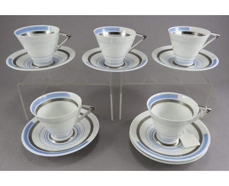 A Shelley Art Deco part tea set, pattern No.12133, conical shaped cups with angular handles, silver and blue bands, comprisin