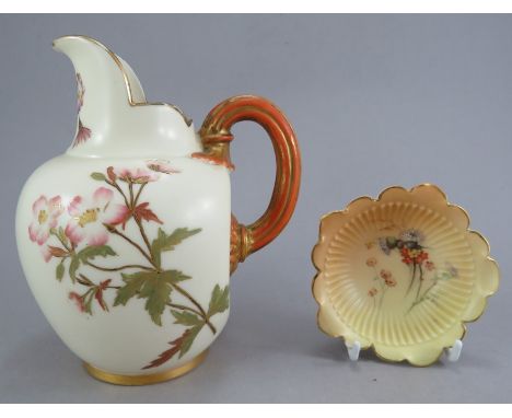 Two early twentieth century Royal Worcester blush ivory porcelain pieces, 1920. To include: a small dish and a handled jug. D