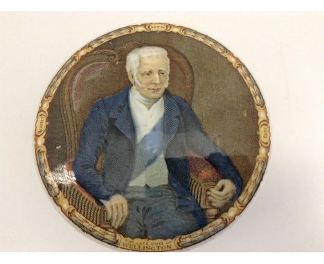 An F & R Pratt pot lid cover, the cover depicting The Late Duke of Wellington seated wearing blue coat and white waistcoat wi