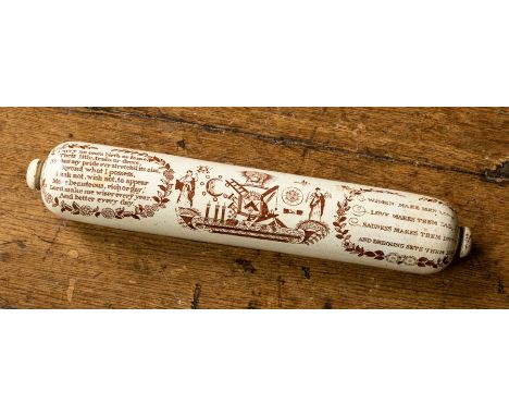 Masonic Interest, a mid 19th Century pottery rolling pin, circa 1840, sepia transfer prints with Masonic symbolism and mottos