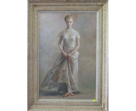 C.H. Pitup Full length portrait of a girl in a white dress Signed, oil on canvas, 75cm x 49cm