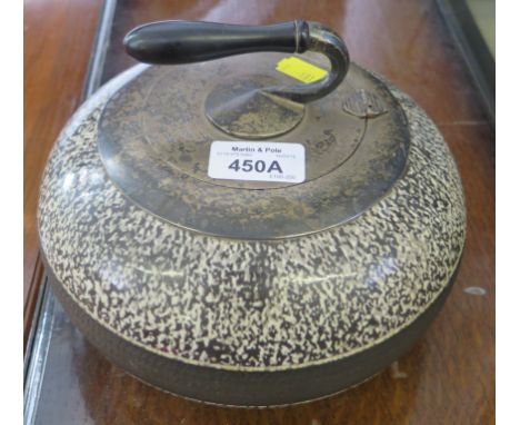 A Victorian silver mounted ceramic biscuit barrel in the form of a curling stone, 19cm diameter, hallmarks for 1895 Birmingha