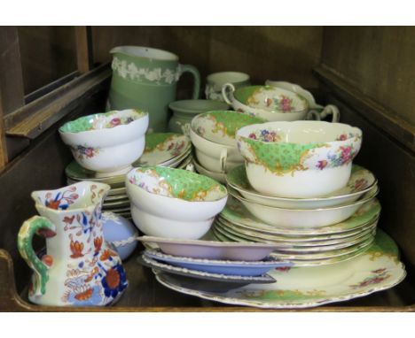 A Paragon part tea service, with floral decoration and green panels, various Jasperwares and a Masons style jug