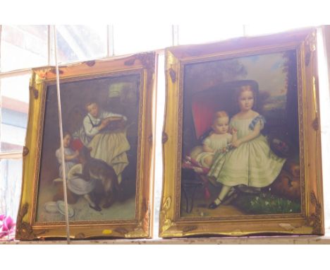 19th century style Full length portrait of two children, and another of mother and child watching a dog, oil on board, both 4